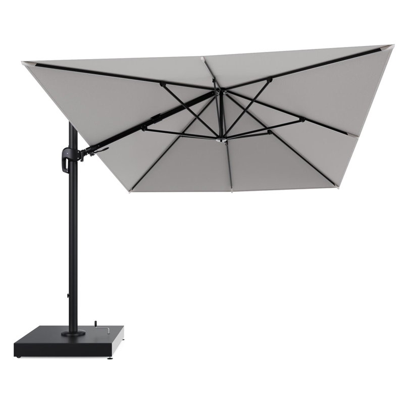Rufina zweefparasol met tiltfunctie in zwart aluminium en Ego Eggshell All Weather Solica parasoldoek - L1 400 x L2 300 cm met parasolvoet Minore 260 kg met wielen
