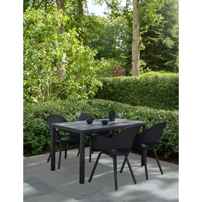 Ensemble de jardin Feltro en aluminium noir avec plateau de table en céramique verre gris et 4 chaises de jardin Artena