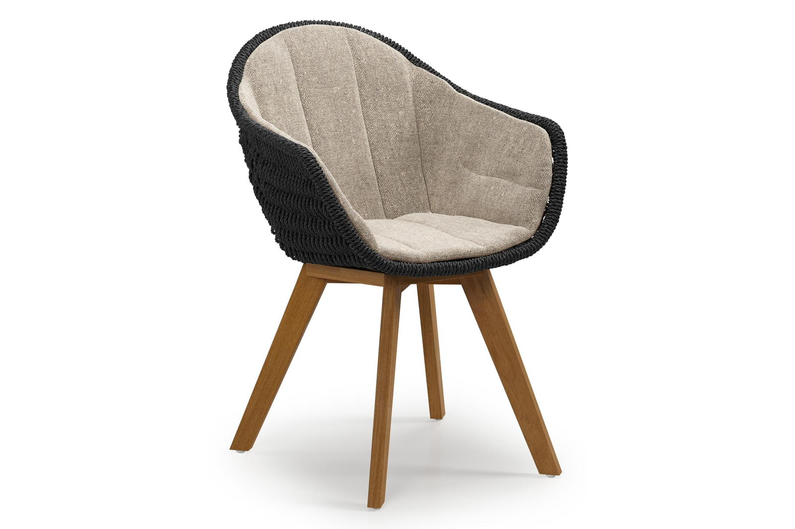 Chaise de jardin Pagino en teck et résine tressée ronde noir avec coussin en chartres pewter all weather sunbrella® luxe