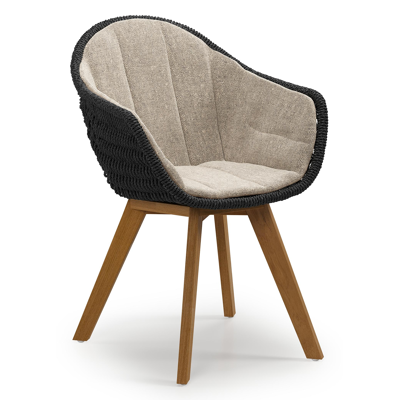 Chaise de jardin Pagino en teck et résine tressée ronde noir avec coussin en chartres pewter all weather sunbrella® luxe