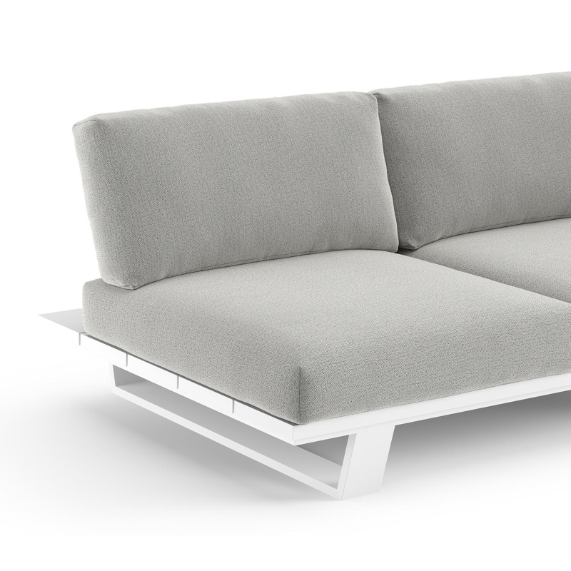 Canapé de jardin Pagino en aluminium blanc et coussins en all weather sunbrella® luxe savane nimbus