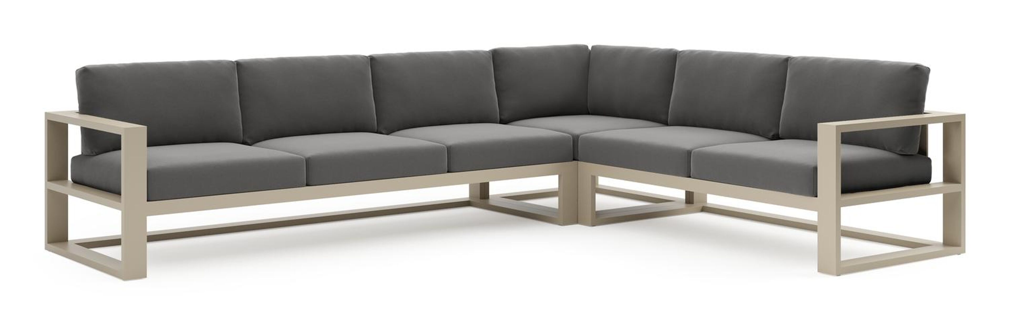 Verato loungehoek in beige aluminium met natte charcoal chine all weather sunbrella® luxe kussen
