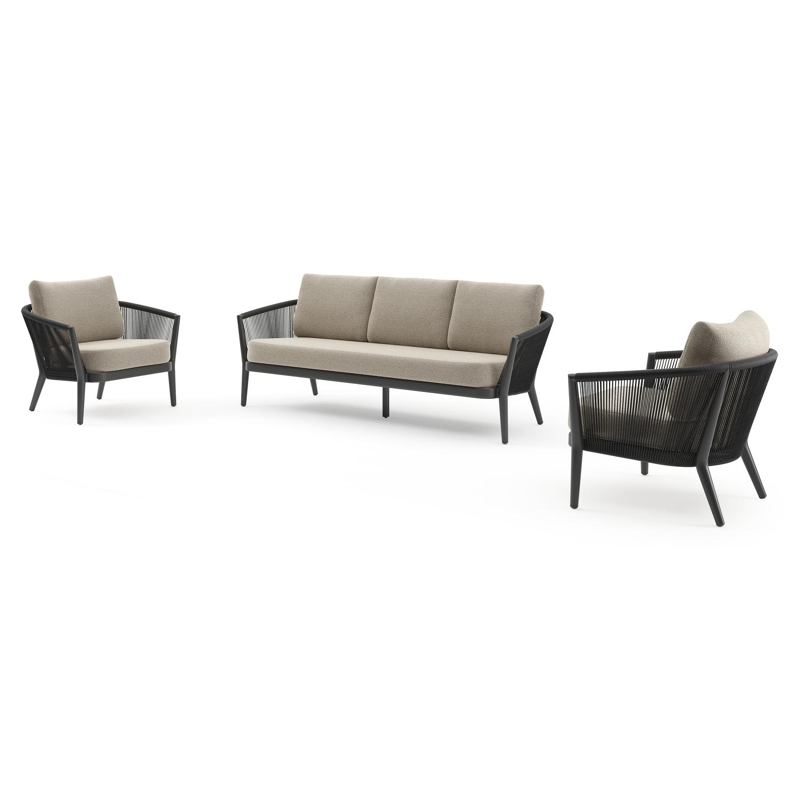 Orso loungeset in zwart aluminium en zwart verticaal geweven ronde rope met Catania Beige all weather cosytica kussen