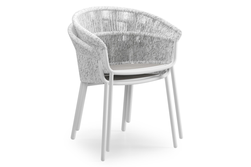 Pamplona ronde tuinset in wit aluminium en sintered stone topo minerale met 4 Matera tuinstoelen