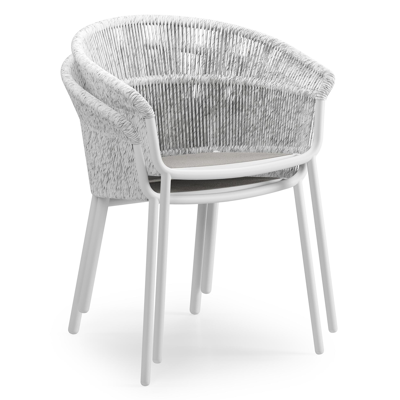 Matera stapelbare tuinstoel in wit aluminium en wit gedraaide ronde wicker met kussen in sand weather+ softtouch