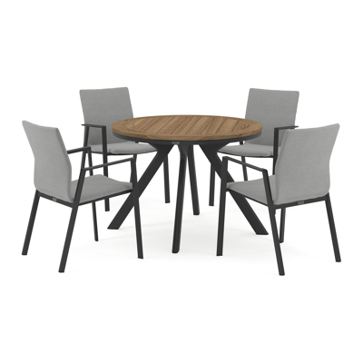 Ensemble de jardin Viaro en aluminium noir avec plateau de table en teck colour finish et 4 chaises de jardin empilables Madura