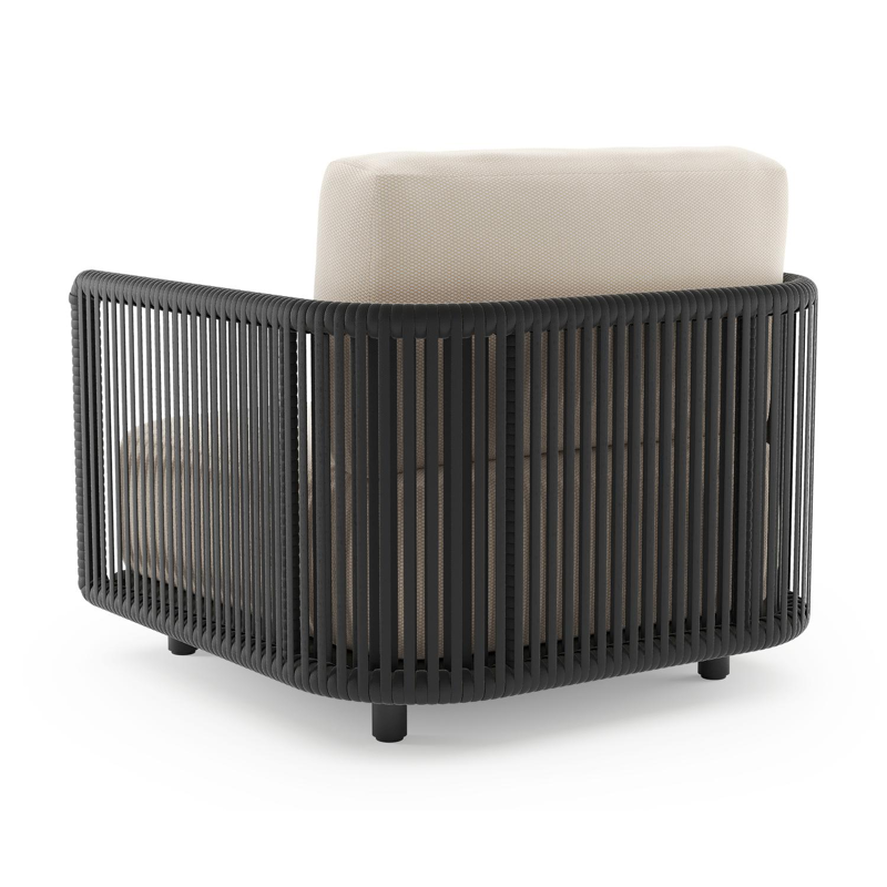 Organo loungestoel in zwart aluminium en zwart verticaal geweven luxe vlakke rope met lopi antique all weather Sunbrella® luxe kussen