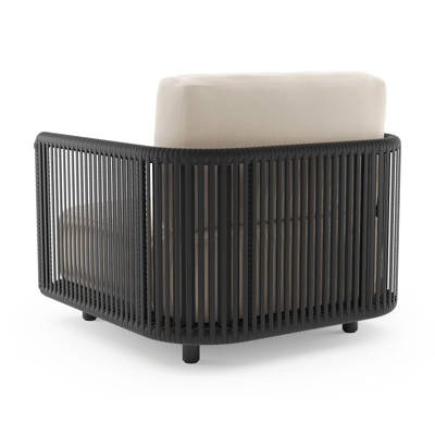 Organo loungestoel in zwart aluminium en zwart verticaal geweven luxe vlakke rope met lopi antique all weather Sunbrella® luxe kussen