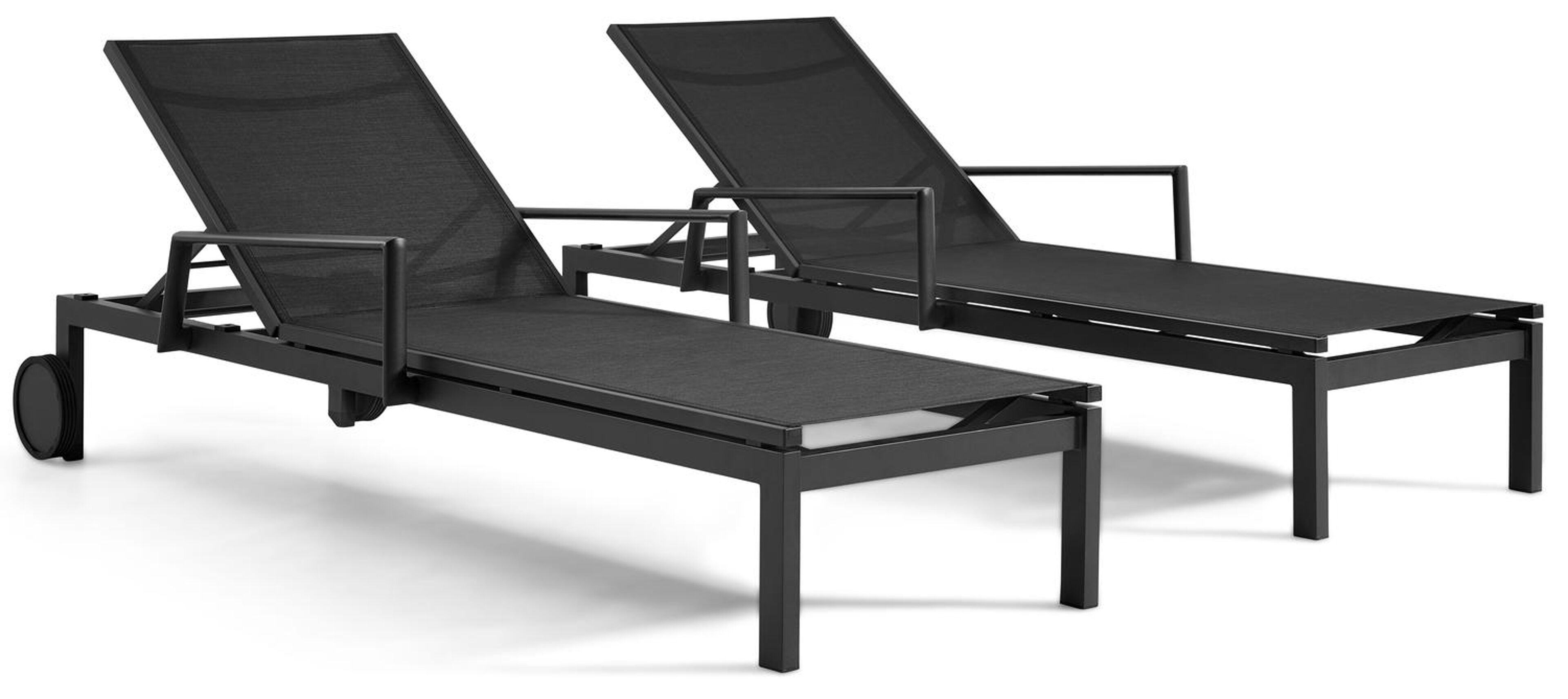 Ensemble de 2 chaises longues réglables Caravelle en aluminium noir avec textilène noir avec accoudoir