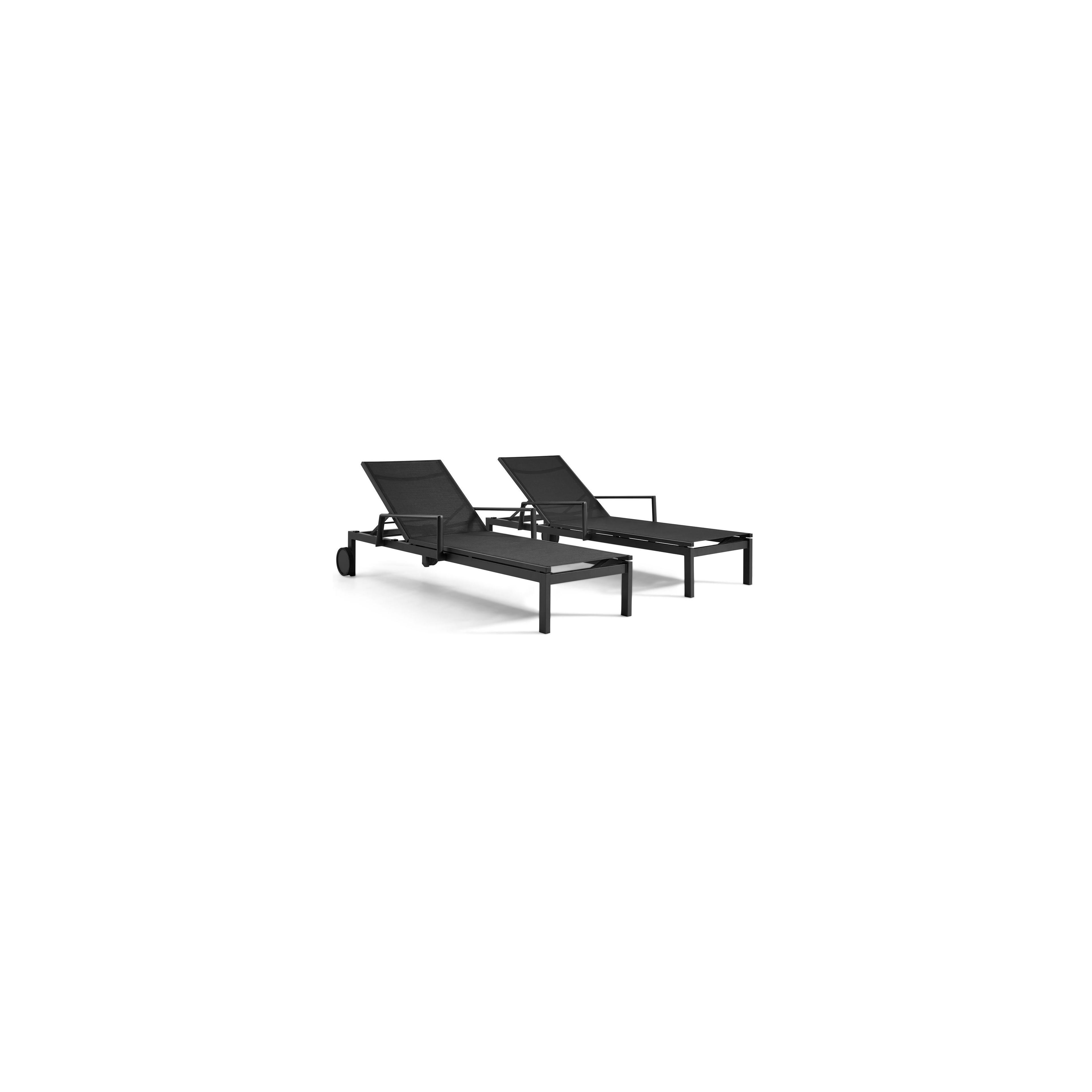 Ensemble de 2 chaises longues réglables Caravelle en aluminium noir avec textilène noir avec accoudoir