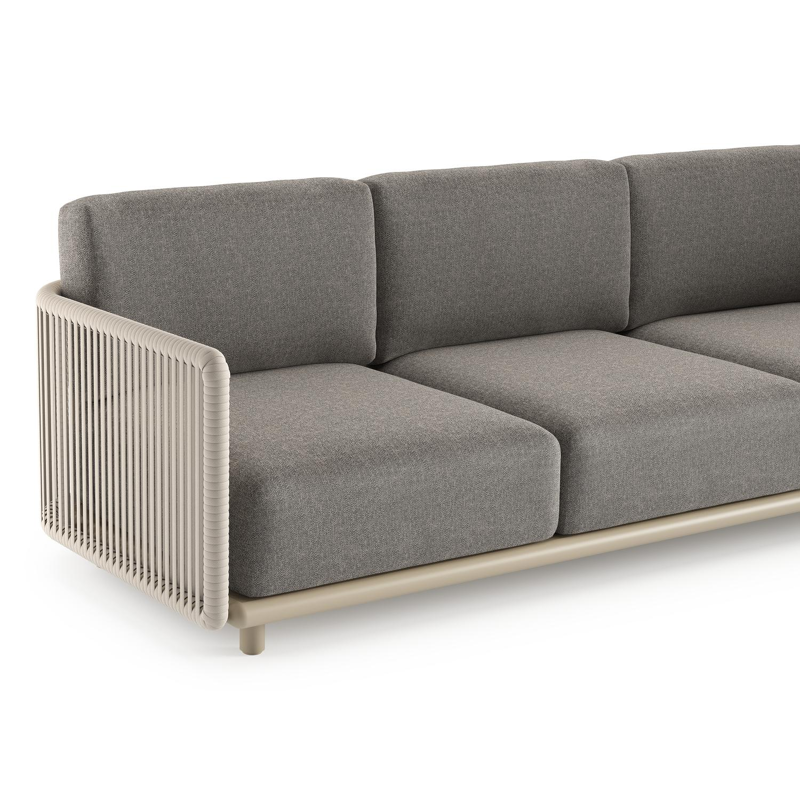 Organo loungeset in beige aluminium en beige verticaal geweven luxe vlakke rope met chartres drizzle all weather Sunbrella® luxe kussen