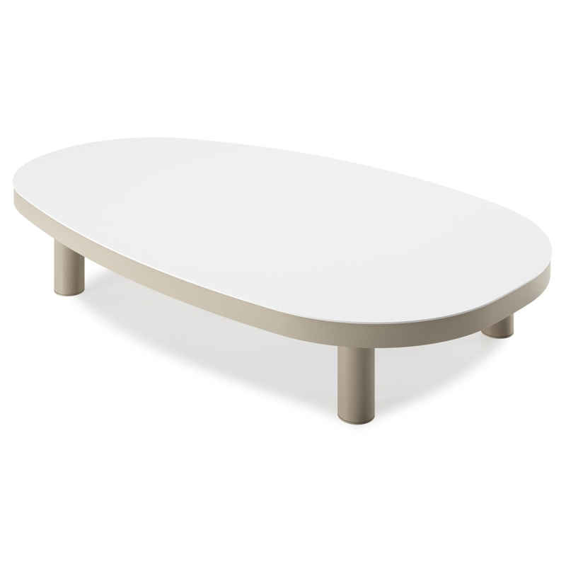 Table de basse Donato organique en aluminium beige et céramique pleine Arctic White - Lg. 151 x Lrg. 90 x Haut. 24.5 cm