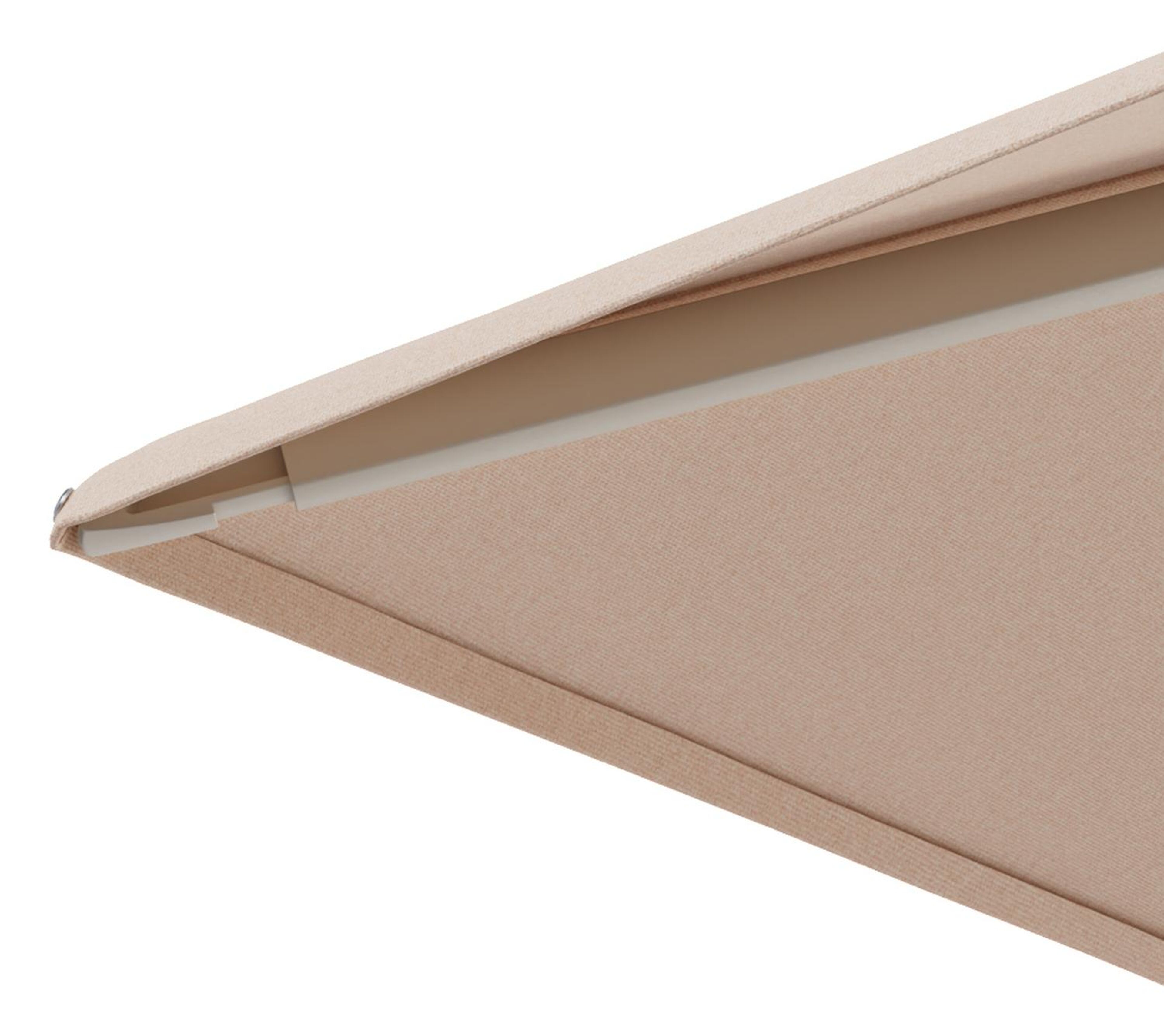 Minore zweefparasol met tiltfunctie in beige aluminium en Natte Linen Chalk All Weather Sunbrella® Luxe parasoldoek - L1 280 x L2 370 cm met parasolvoet Minore 260 kg met wielen
