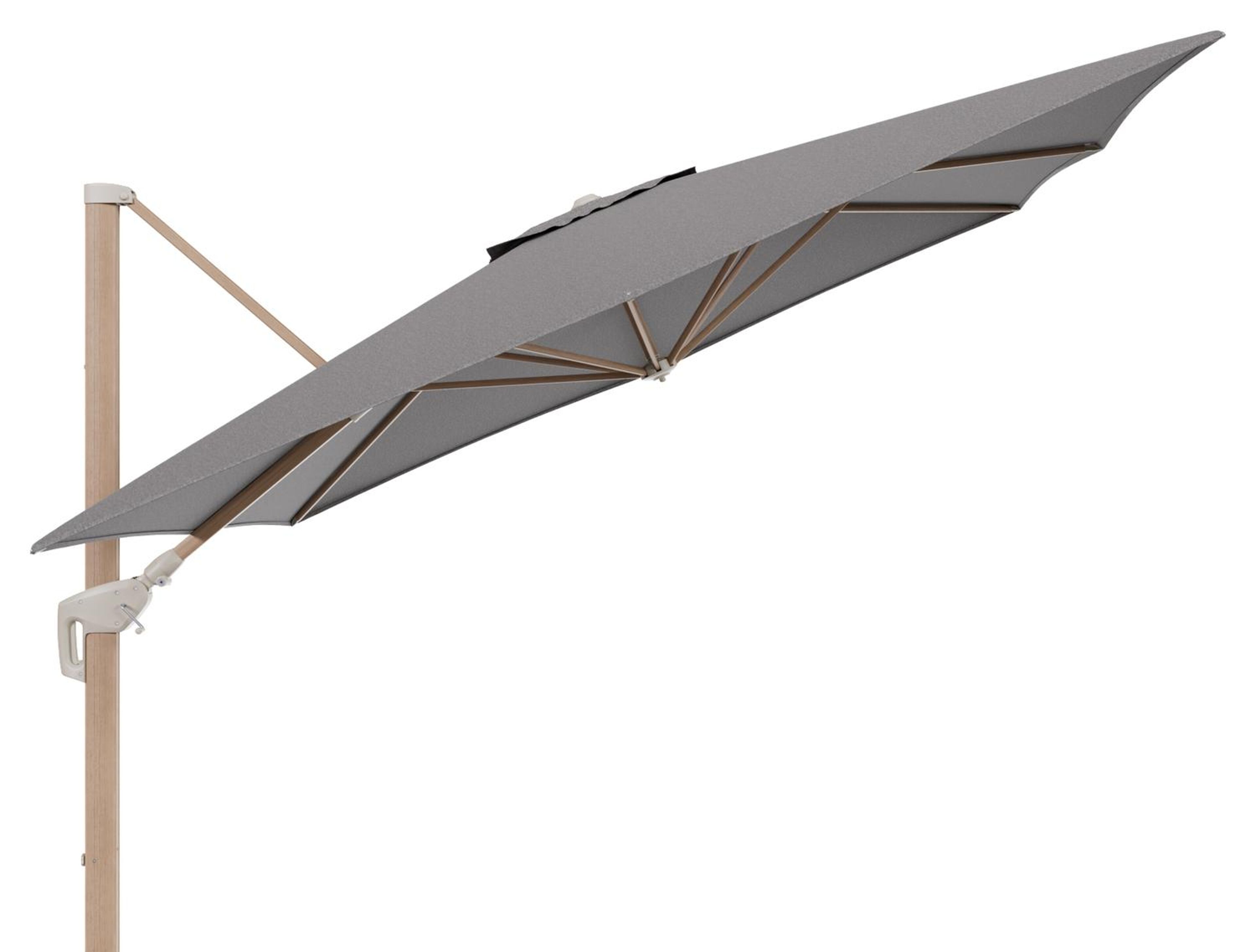 Minore zweefparasol met tiltfunctie in houtlook aluminium en Chartres Drizzle All Weather Sunbrella® Luxe parasoldoek - L1: 350 x L2: 350 cm (zonder voet) (zonder voet)
