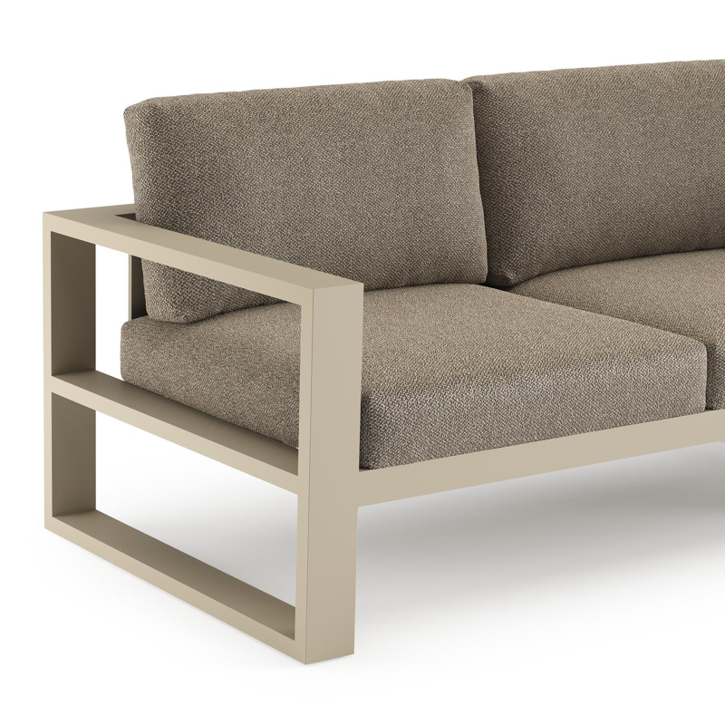 Verato loungehoek in beige aluminium met madagascar burch all weather cosytica kussen