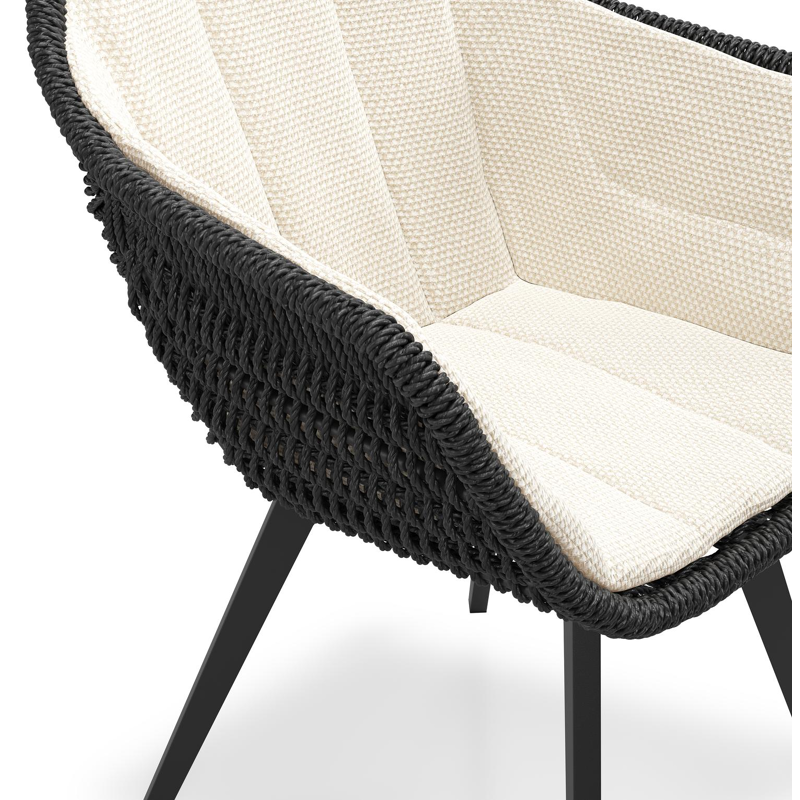 Pagino tuinstoel in zwart aluminium en zwart ronde wicker met zitkussen in All Weather Cosytica Althea Off White