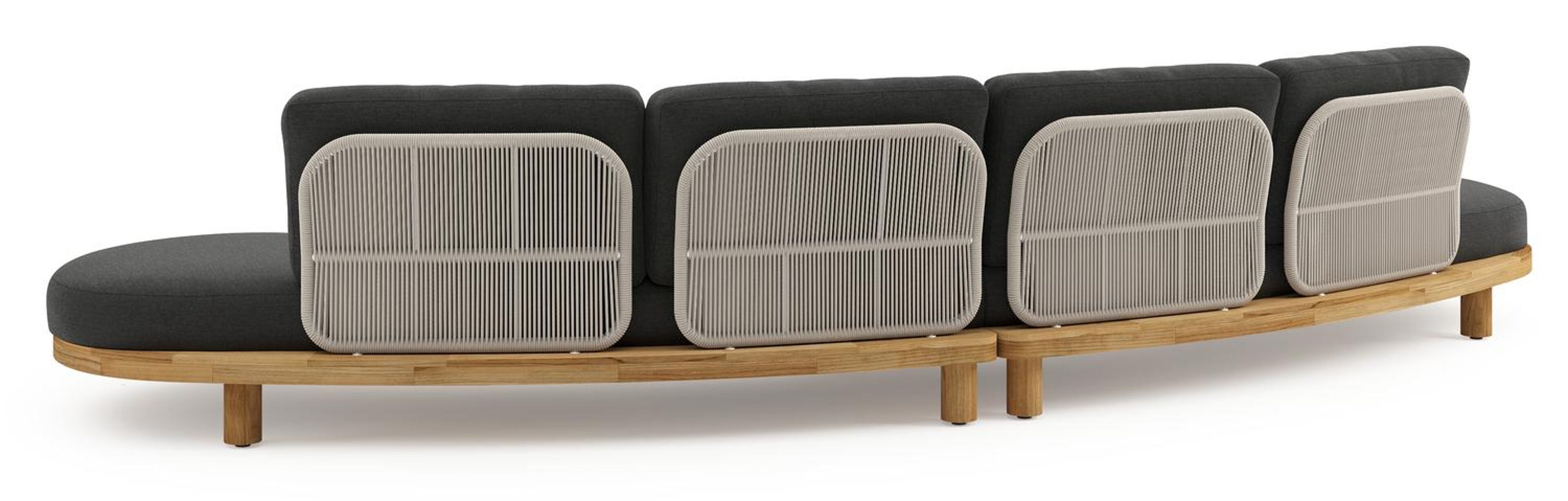 Donato loungebank in teak en beige verticaal geweven ronde rope met all weather sunbrella® luxe Chartres Sooty kussen