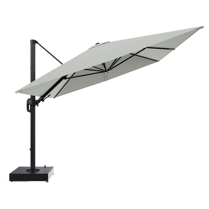 Rufina zweefparasol met tiltfunctie in zwart aluminium en Slow Spirea All Weather Sunbrella® Luxe parasoldoek - L1 400 x L2 300 cm met parasolvoet Minore 150 kg met wielen