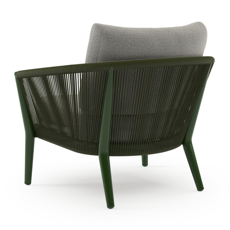 Orso loungestoel in groen aluminium en groen verticaal geweven ronde rope met Savane Tunder all weather sunbrella® luxe kussen
