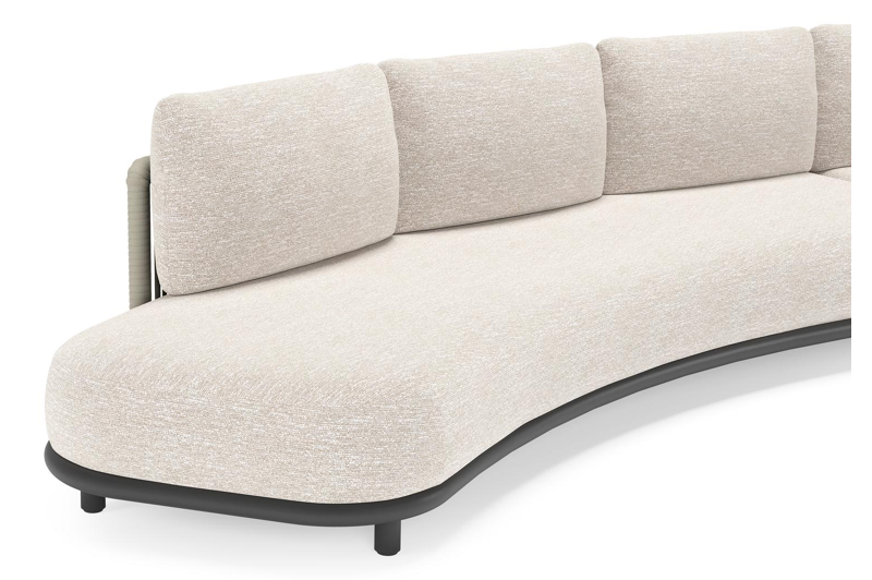 Lomano loungehoek in zwart aluminium en beige verticaal geweven luxe vlakke rope met Tundra Sand all weather sunbrella® luxe