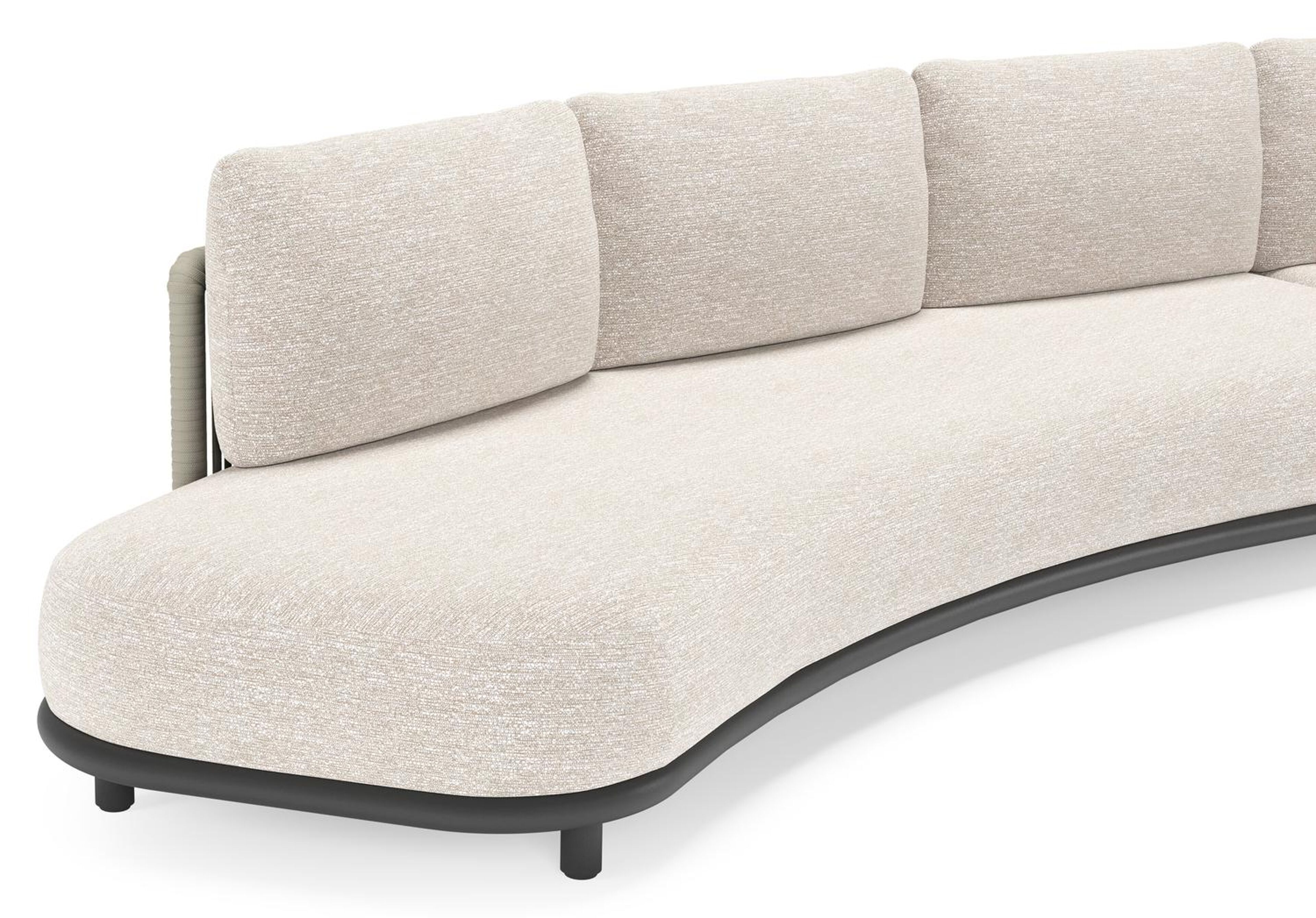 Salon de jardin d'angle Lomano en aluminium noir et corde luxe plate tissée verticalement beige et coussins en all weather sunbrella® luxe Tundra Sand