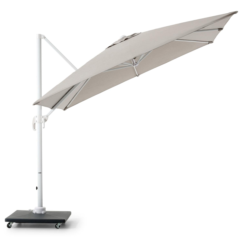 Calpe zweefparasol in wit aluminium en grijs Weather+ Softtouch parasoldoek - L1 270 x L2 270 cm met Calpe parasolvoet 70 kg