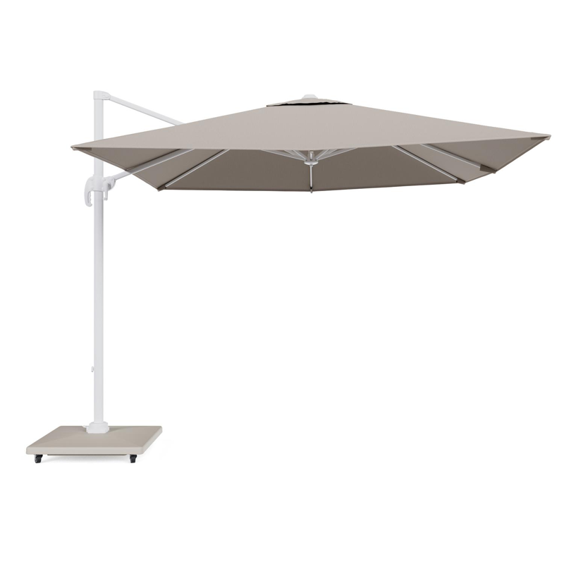 Calpe zweefparasol in wit aluminium en beige Weather+ Softtouch parasoldoek - L1 270 x L2 270 cm met Avola parasolvoet 90 kg met wielen