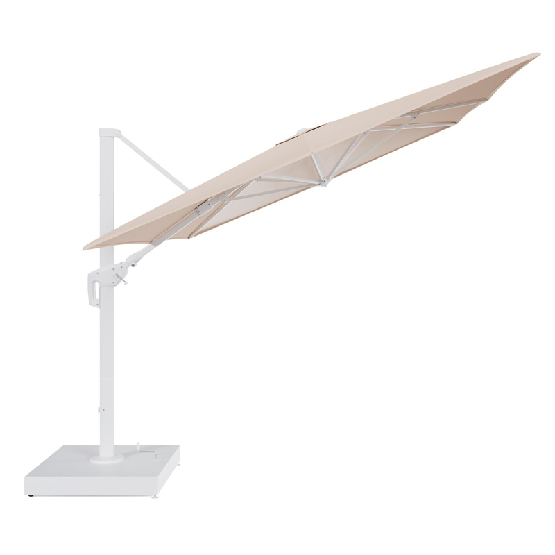 Parasol pendant Minore tilt en aluminium blanc et toile All Weather Sunbrella® Luxe Natte Linen Chalk - Lg.1 400 x Lg.2 300 cm avec pied de parasol Minore 260 kg avec roulettes