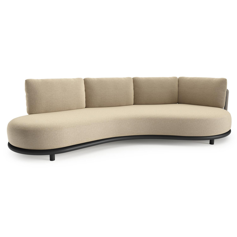 Lomano loungebank in zwart aluminium en beige verticaal geweven luxe vlakke rope met althea camel all weather cosytica kussen