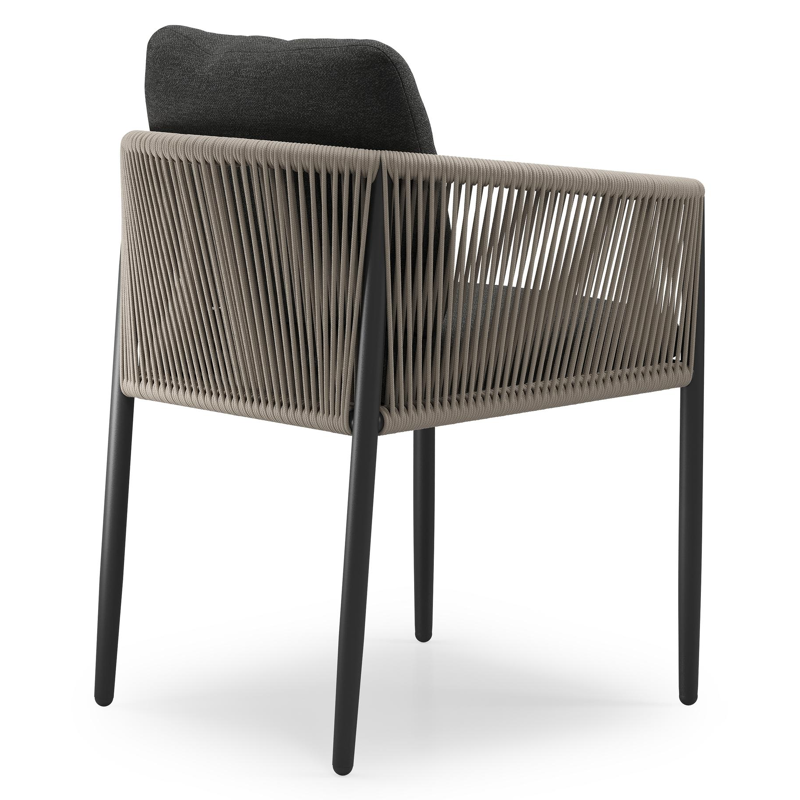 Organo tuinstoel in zwart aluminium en zwart verticaal geweven ronde rope met stoelkussen in All Weather Sunbrella® Luxe Chartres Sooty