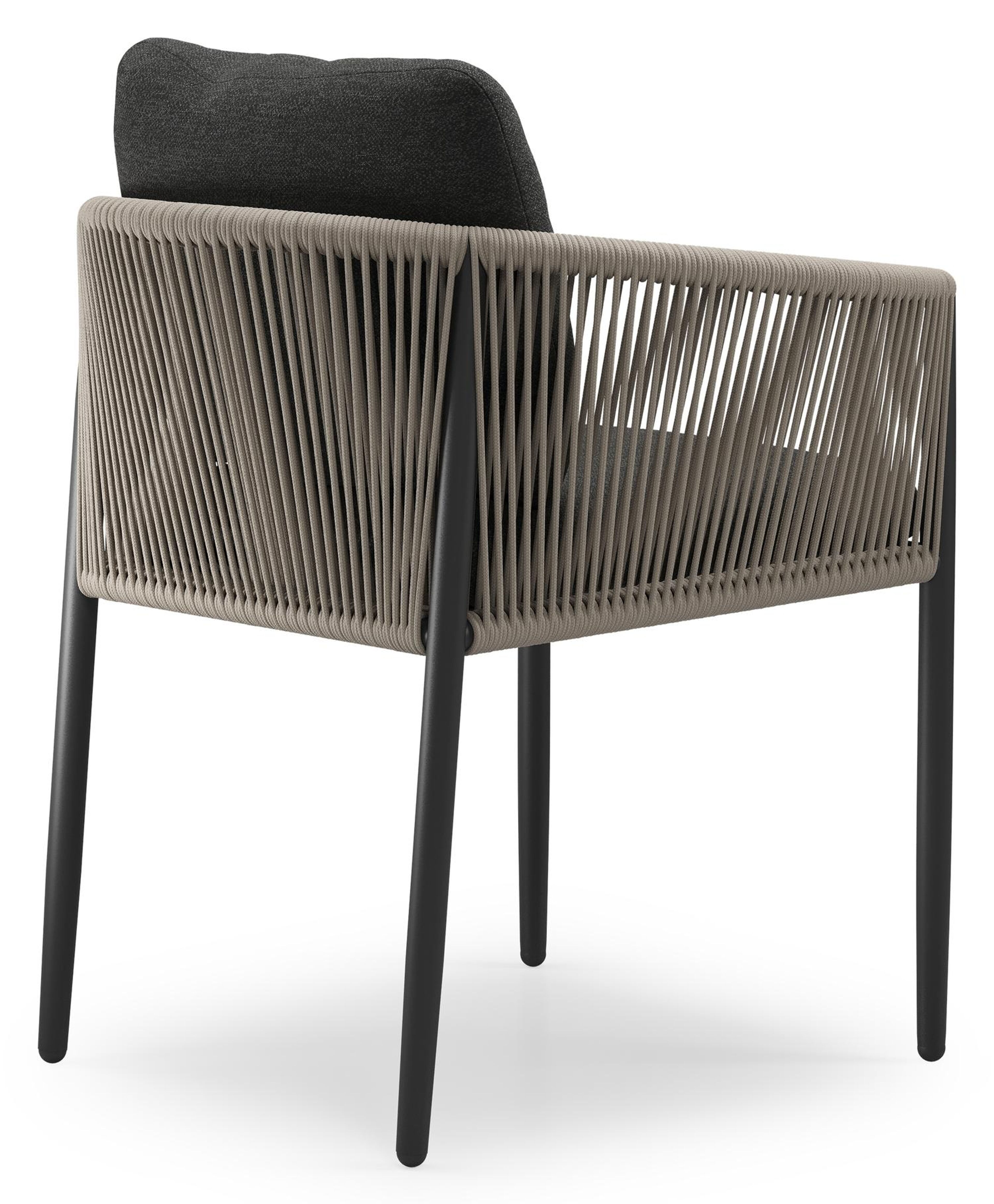 Organo tuinstoel in zwart aluminium en zwart verticaal geweven ronde rope met stoelkussen in All Weather Sunbrella® Luxe Chartres Sooty