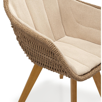 Pagino tuinstoel in teak en bruin ronde wicker met zitkussen in All Weather Sunbrella® Luxe Natte Heather Beige