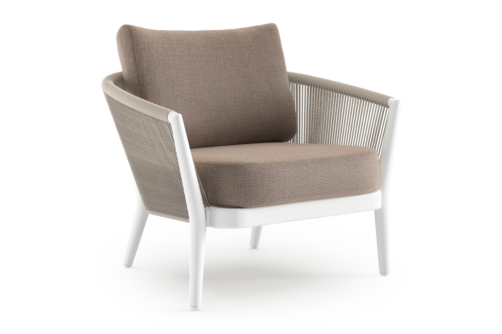 Fauteuil de jardin Orso en aluminium blanc en corde ronde tissée verticalement beige et coussins en all weather sunbrella® luxe Savane Earth