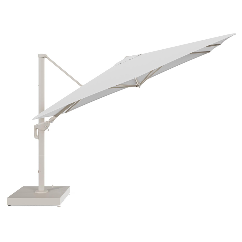 Minore zweefparasol met tiltfunctie in beige aluminium en Ego Birch All Weather Solica parasoldoek - L1 280 x L2 370 cm met parasolvoet Minore 260 kg met wielen