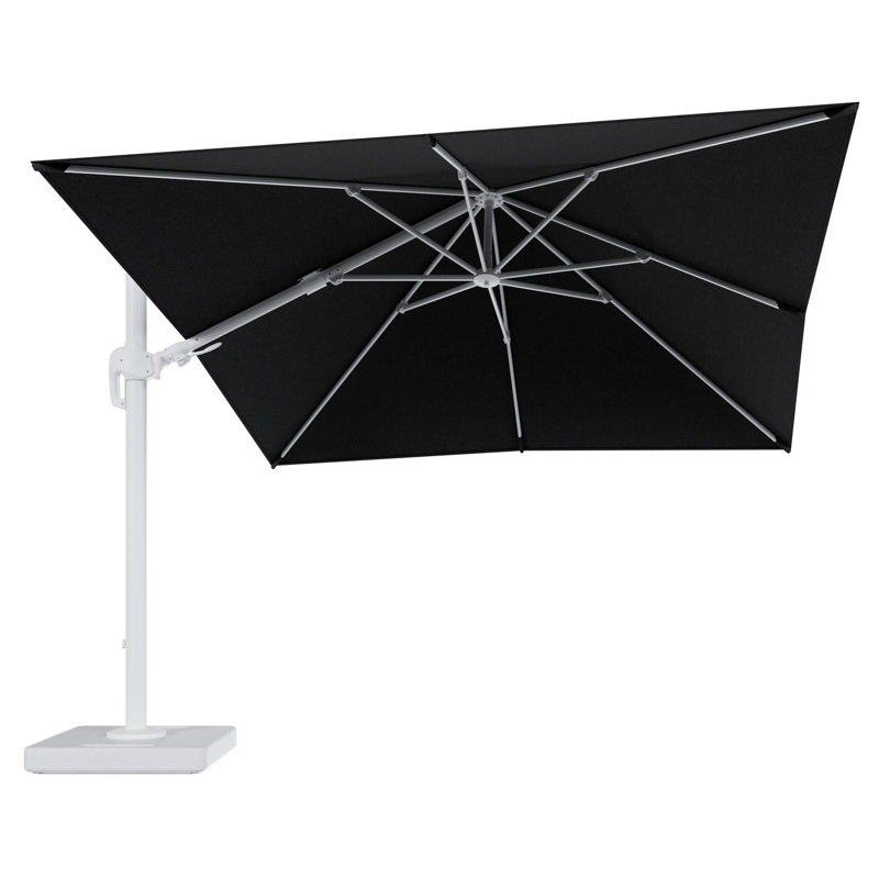 Parasol pendant Rufina avec fonction tilt en aluminium blanc et toile de parasol en All Weather Sunbrella® Luxe Chartres Sooty - Lg.1 300 x Lg.2 300 cm avec pied de parasol Lapido 160 kg
