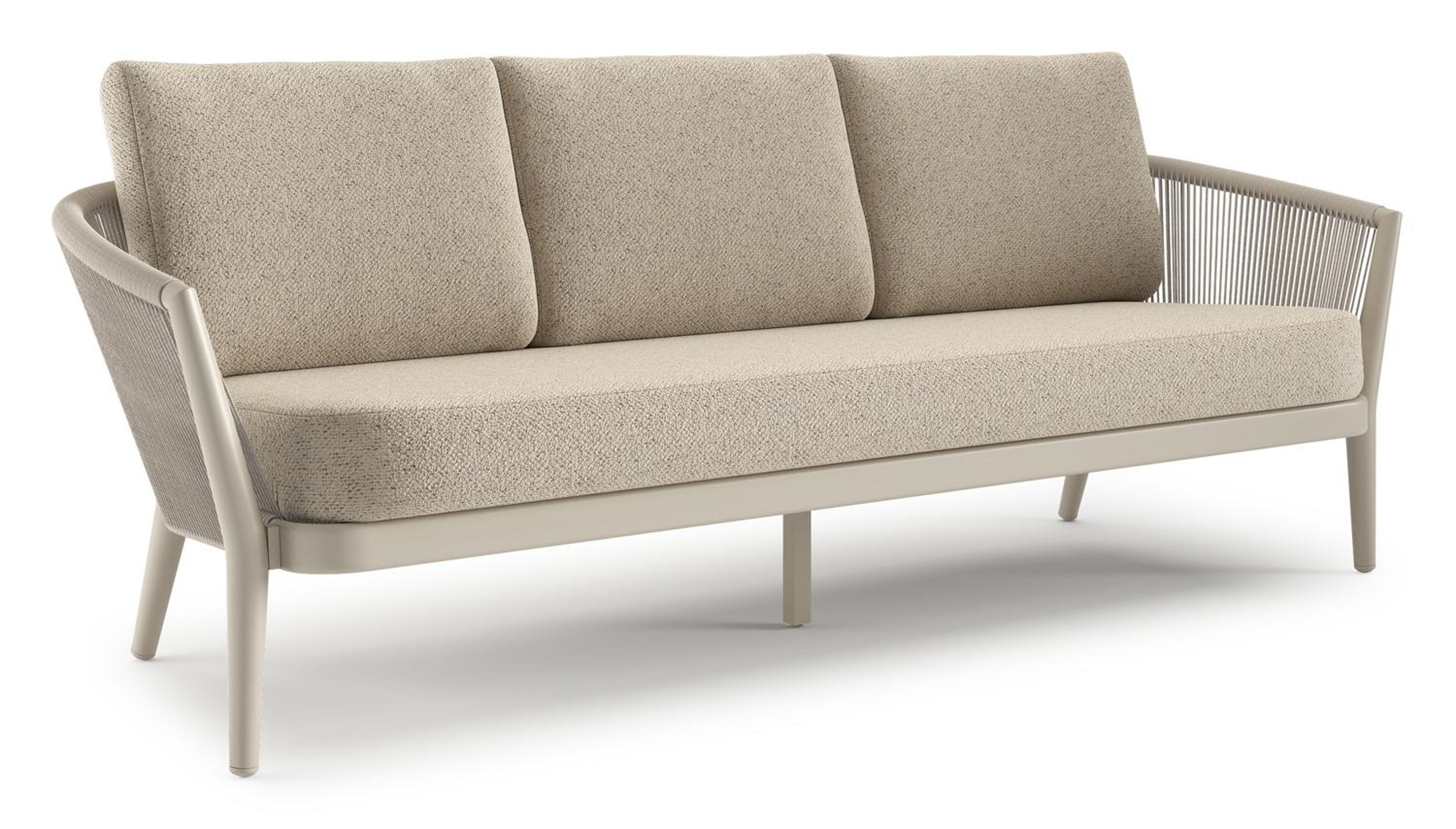Orso loungebank in beige aluminium en beige verticaal geweven ronde rope met Bora Desert all weather cosytica kussen