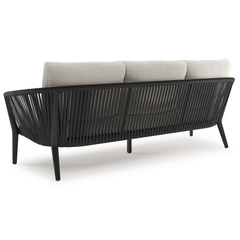 Orso loungebank in zwart aluminium en zwart verticaal geweven luxe vlakke rope met Firenze Natural all weather solica kussen