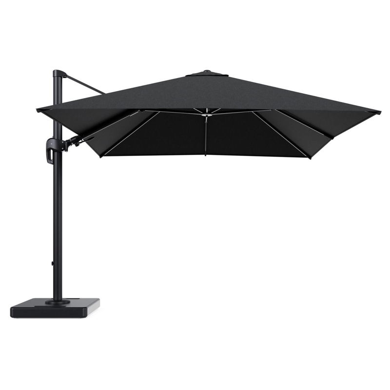 Parasol pendant Rufina avec fonction tilt en aluminium noir et toile de parasol en All Weather Sunbrella® Luxe Chartres Sooty - Lg.1 300 x Lg.2 300 cm avec pied de parasol Lapido 160 kg
