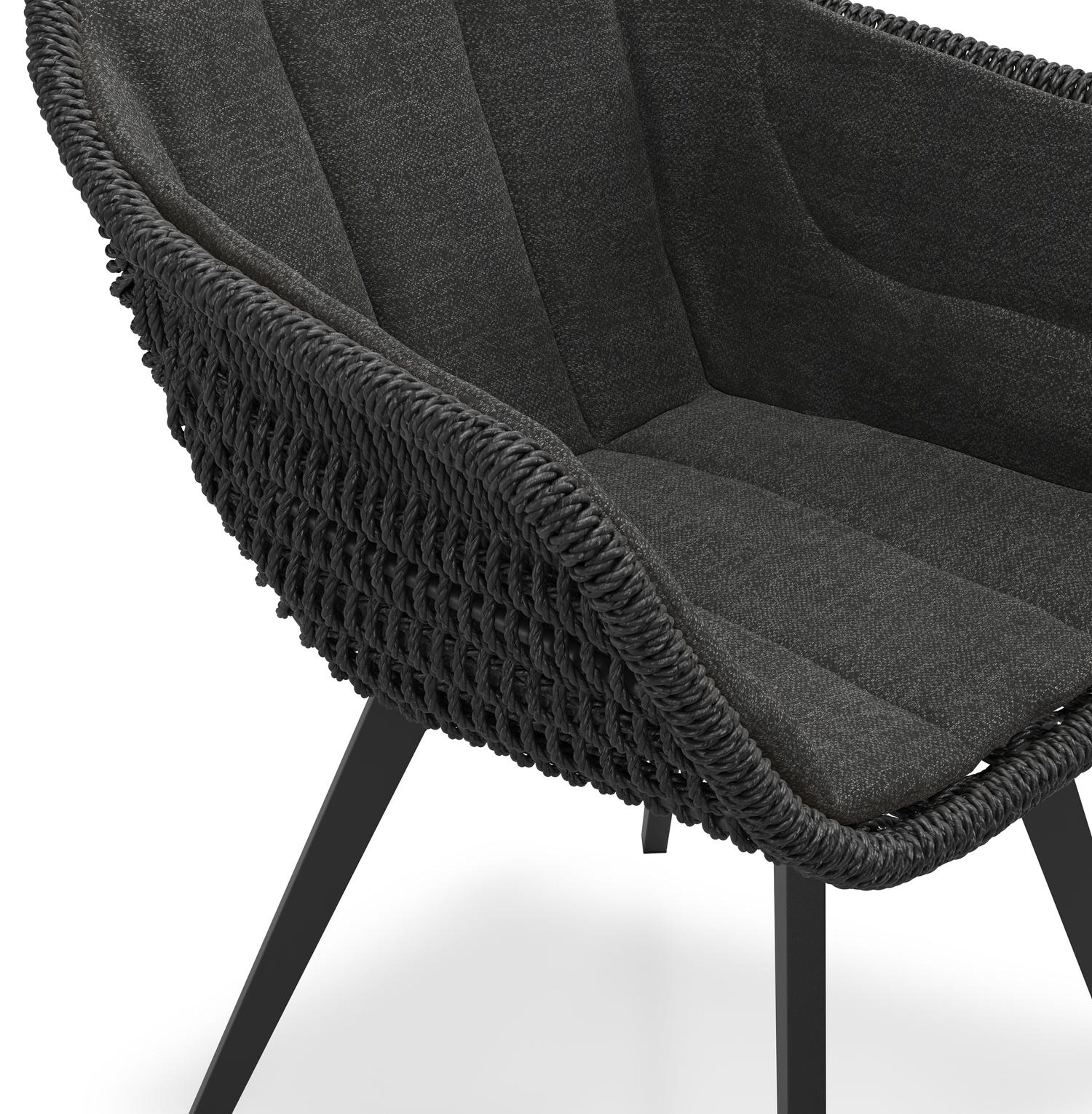 Pagino tuinstoel in zwart aluminium en zwart ronde wicker met kussen in chartres sooty all weather sunbrella® luxe