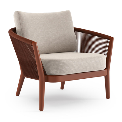 Fauteuil de jardin Orso en aluminium brun rouille en corde ronde tissée verticalement brun rouille et coussins en all weather sunbrella® luxe Slow Farafra