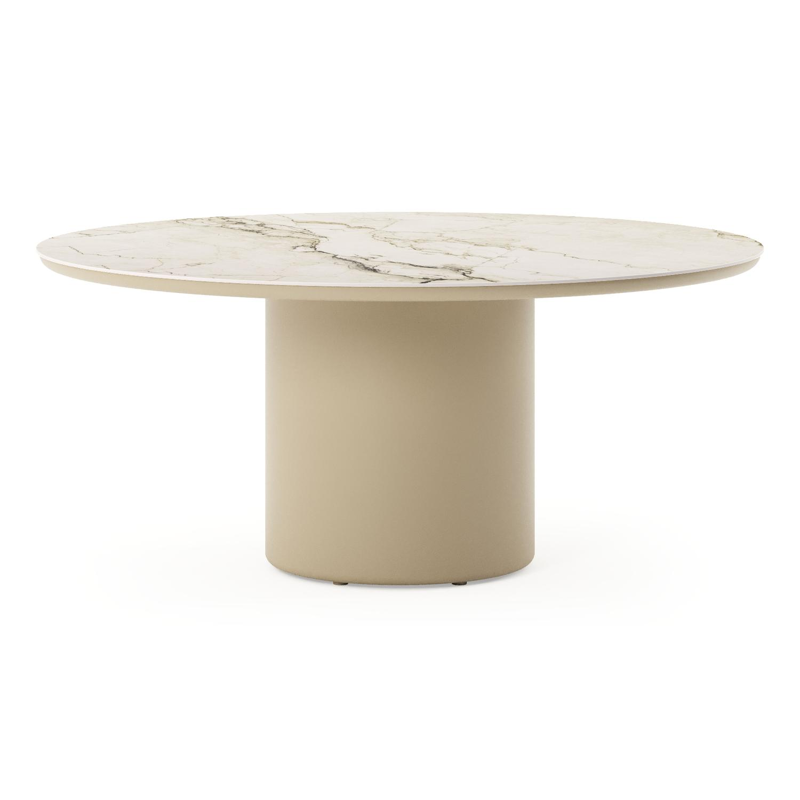 Amico low dining tuintafel rond in beige aluminium en volkeramiek Colorado Dunes - Dia. 148 x H 61 cm