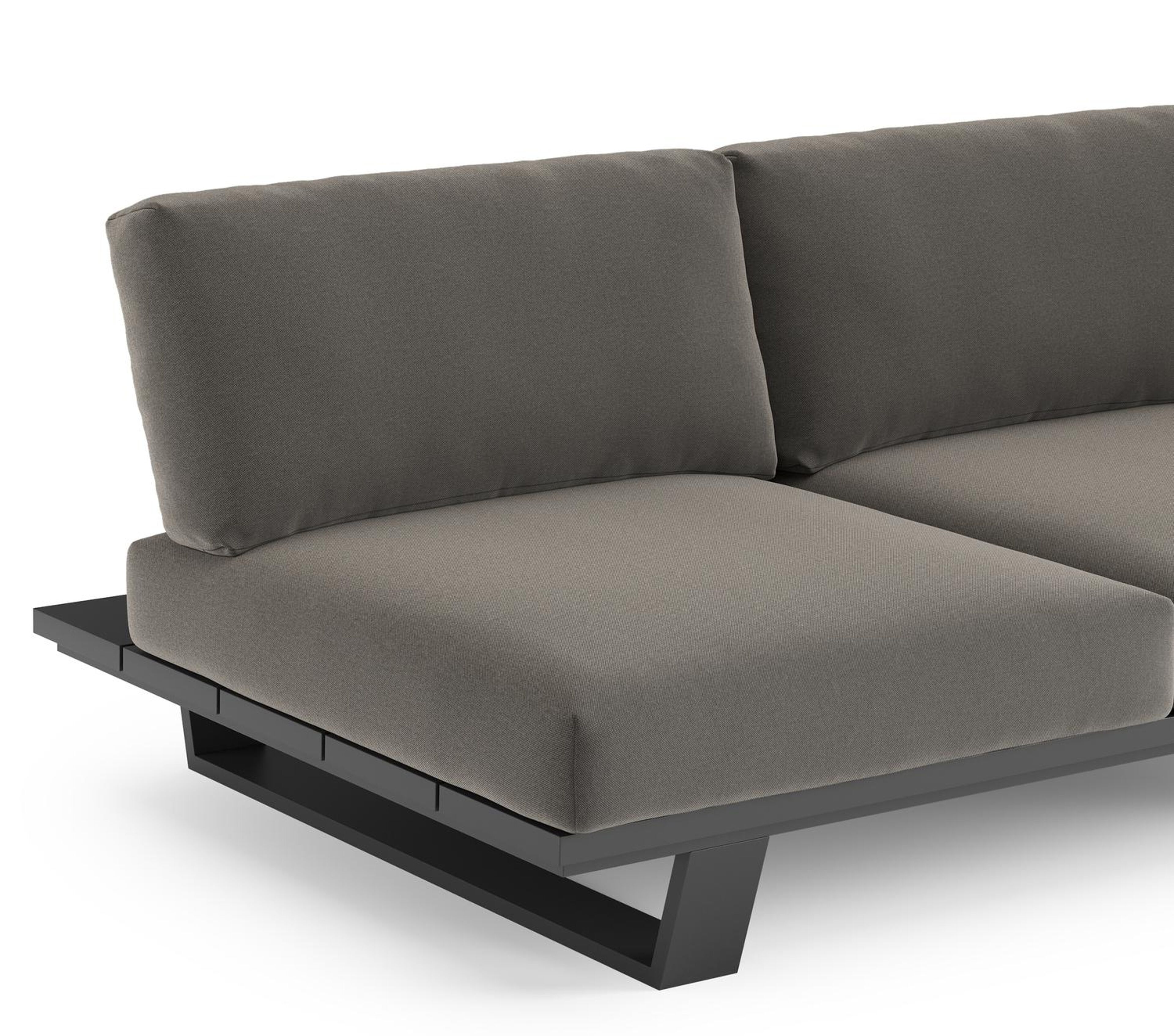 Canapé de jardin Pagino en aluminium noir et coussins en all weather sunbrella® luxe natte dark taupe
