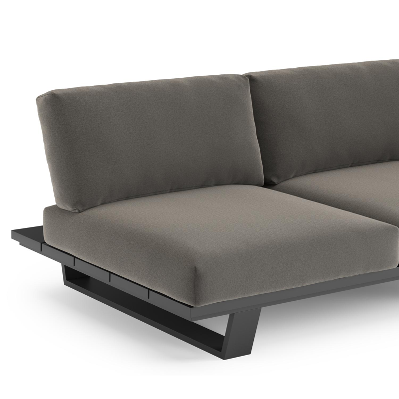 Canapé de jardin Pagino en aluminium noir et coussins en all weather sunbrella® luxe natte dark taupe
