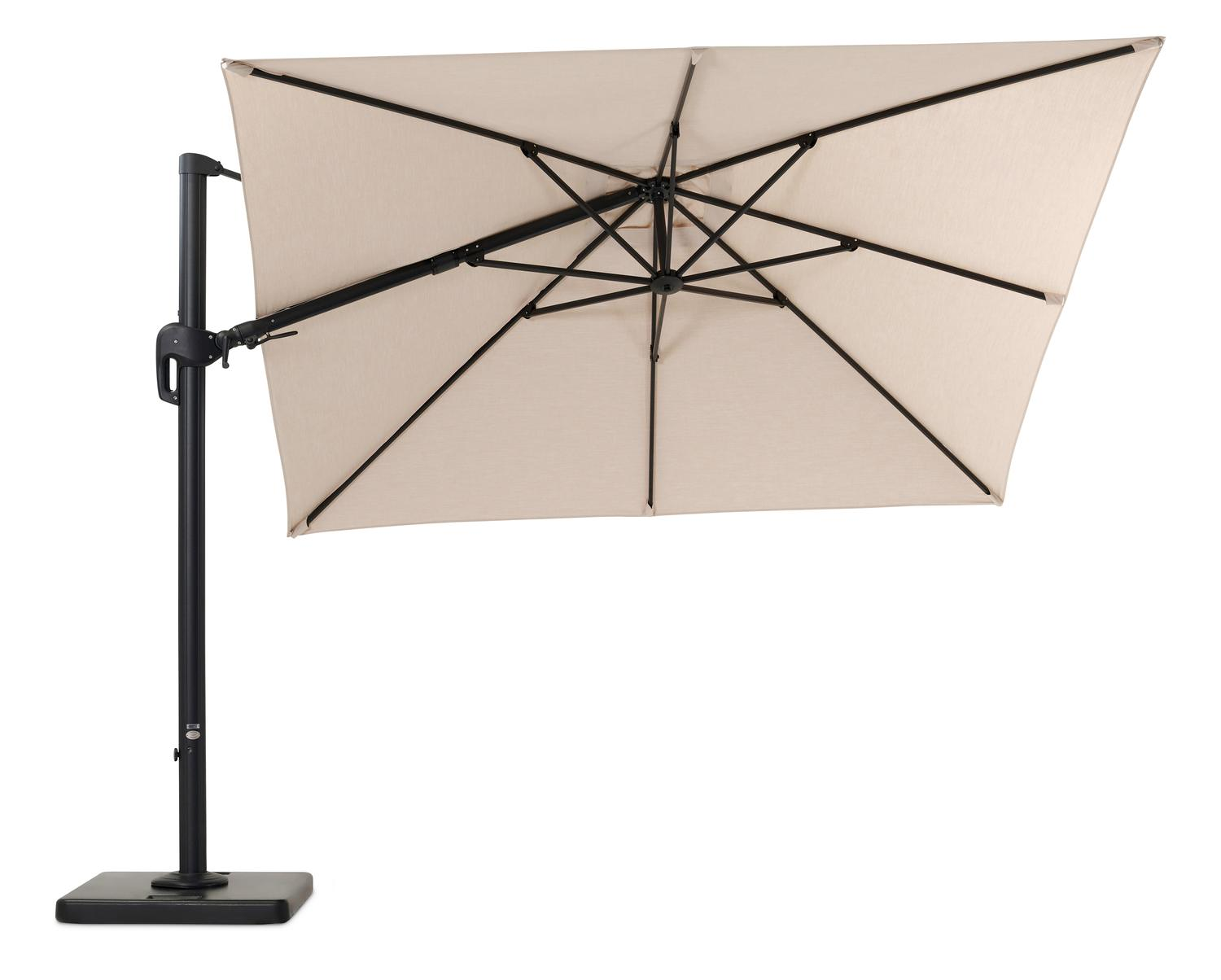 Rufina zweefparasol met tiltfunctie in zwart aluminium met beige all weather sunbrella® premium parasoldoek - L1: 300 x L2: 300 cm (met voet)