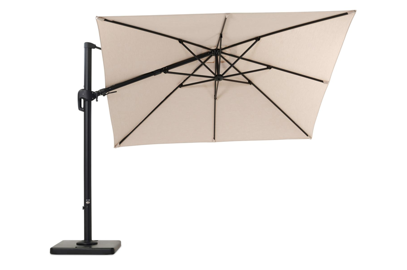 Rufina zweefparasol met tiltfunctie in zwart aluminium met beige all weather sunbrella® premium parasoldoek - L1: 300 x L2: 300 cm (met voet)