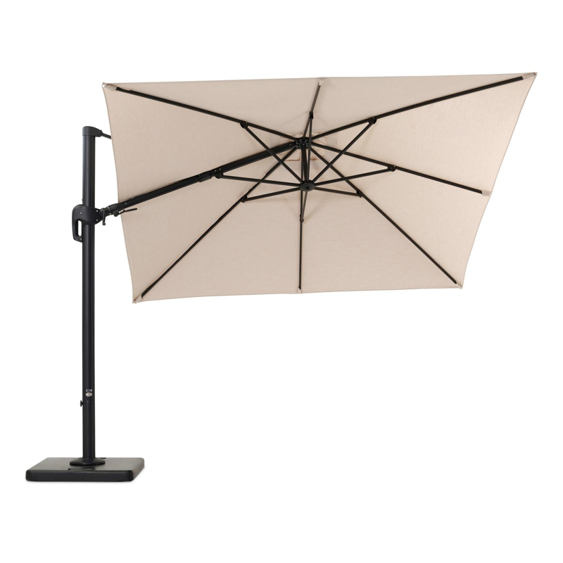 Rufina zweefparasol met tiltfunctie in zwart aluminium met beige all weather sunbrella® premium parasoldoek - L1: 300 x L2: 300 cm (met voet)