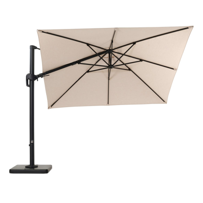 Rufina zweefparasol met tiltfunctie in zwart aluminium met beige all weather sunbrella® premium parasoldoek - L1: 300 x L2: 300 cm (met voet)