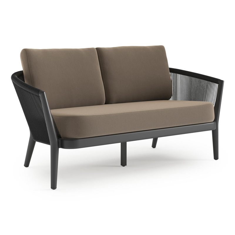 Orso loungebank in zwart aluminium en zwart verticaal geweven ronde rope met Natte Heather Grey all weather sunbrella® luxe kussen