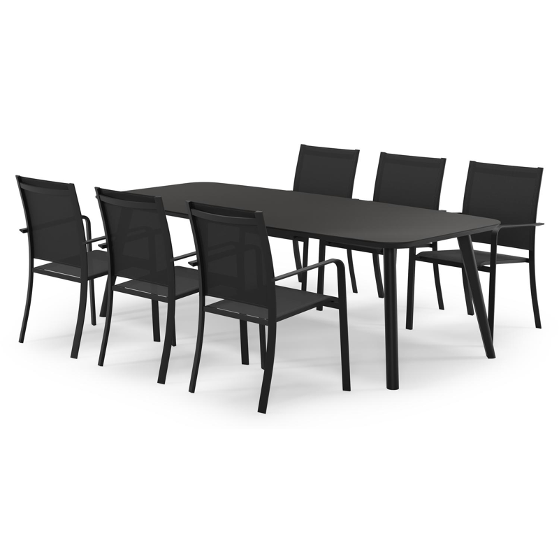 Mosa bootvormige tuinset in zwart aluminium en sintered stone notte minerale met 6 Calobra tuinstoelen