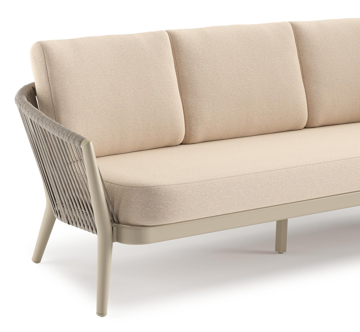 Orso loungebank in beige aluminium en beige verticaal geweven ronde rope met Heritage Papyrus all weather sunbrella® luxe kussen